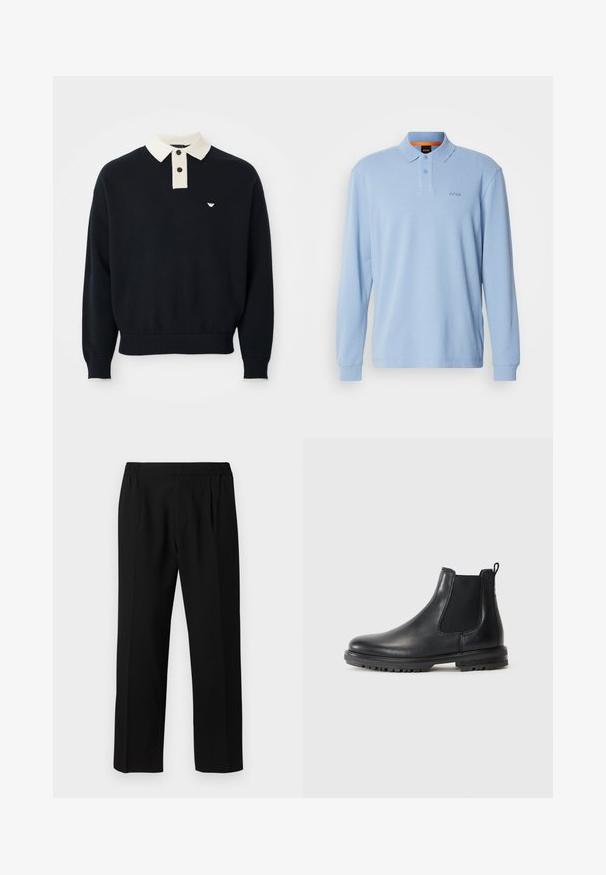 Svart langermet genser med hvit krage, to knapper, ribbede mansjetter og nederkant, samt en liten hvit logo på venstre bryst.; Lyseblå langermet poloskjorte i teksturert stoff med krage og to-knappslukking, med brodert "BOSS"-logo på brystet.; Svarte bukser laget av et glatt stoff, med elastisk liv, rett ben-design og to frontfold for ekstra detaljer.; Sorte skinn Chelsea-støvler med elastiske sider, bærestropp, avrundet tå og robust såle med grep-groove.