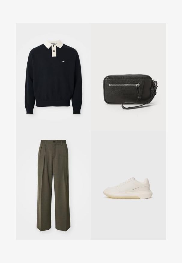 Sweater preto de mangas compridas com colarinho branco, dois botões, punhos e bainha canelados, e um pequeno logotipo branco no lado esquerdo do peito.; Filippa K WIDE TROUSERS - Calças - driftwood; Tênis brancos com parte superior de couro liso, bico redondo e sola de borracha grossa. Apresenta costuras mínimas e um detalhe de logotipo discreto na lateral.; Clutch preta em pele com superfície texturizada, bolso frontal com fecho e strap de pulso destacável. Apresenta um logotipo na parte frontal. Forma retangular.