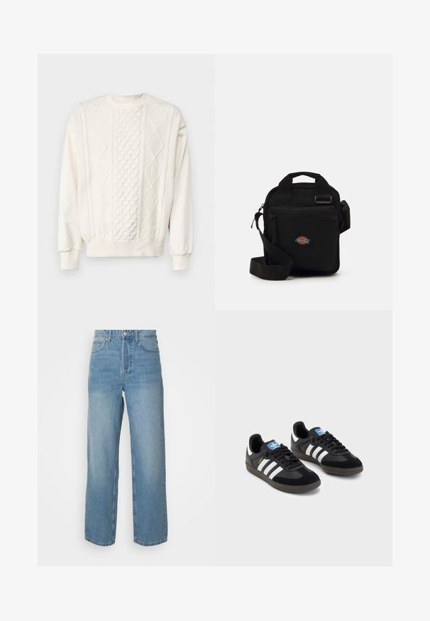 Carhartt WIP TRIDON SWEATER - Pulover - natural; Jeans din denim ușor, cu talie înaltă, de culoare albastră, cu pantaloni drepți, închidere cu nasture în față și stil cu cinci buzunare, pe un fundal simplu.; Tenisi negri cu superior din suede și sintetic, având trei dungi albe, talpă din cauciuc texturat și etichetă albastră cu logo pe limbă.; Geantă de umăr neagră cu un buzunar cu fermoar, formă rectangulară, fabricată din material textil, cu un patch logo pe partea din față, curea de umăr ajustabilă.