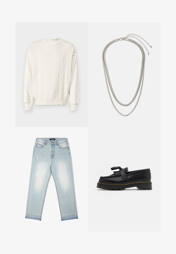 Carhartt WIP TRIDON SWEATER - Pulover - natural; Pegador BARROW - Blugi loose fit - sand washed blue; Mocasini din piele neagră cu un accent ciufulit, având o talpă groasă neagră și cusături galbene pe margine. Finisaj texturat.; Colier din metal argintiu în trei straturi, cu lanțuri elegante și flexibile, cu un ușor luciu, asigurat cu un închizător de tip homar și un lanț ajustabil.