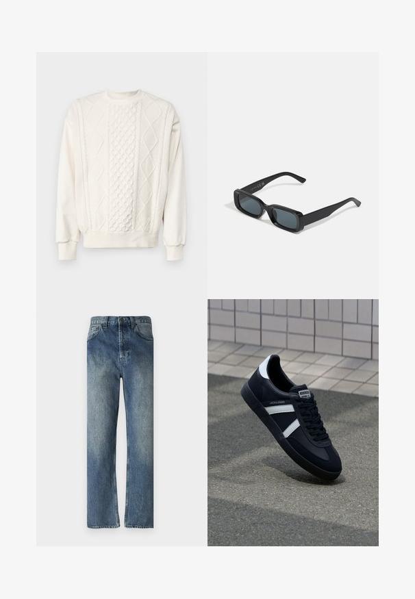 Carhartt WIP TRIDON SWEATER - Džemperis - natural; Zilā džinsa bikses ar taisnu kāju griezumu, ar izbalējušu mazgāšanu, jostu cilpām, priekšējām kabatām un vienu aizmugures kabatu.; Melnā ādas sporta apavi ar baltām svītrām, teksturēta gumijas zole un auklu aizdare. Iekļauj zīmola etiķeti uz mēles.; Melnas taisnstūra saulesbrilles ar tumšiem stikliem. Glancēta kārba, taisnas rokas ar vieglu izliekumu. Minimalistisks dizains, bez rotājumiem.