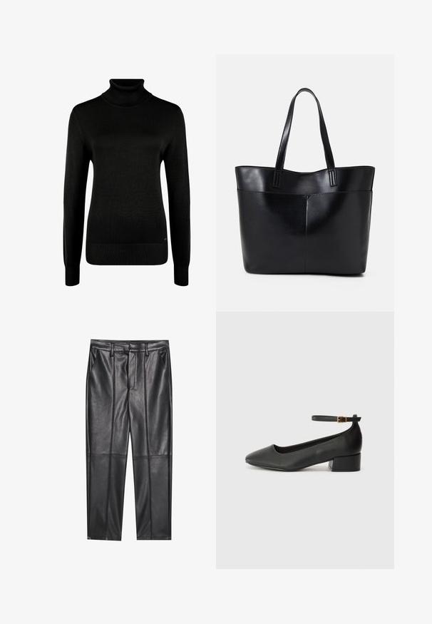 Schwarzer Pullover mit Stehkragen aus weichem Strickmaterial. Verfügt über lange Ärmel, gerippte Bündchen und einen gerippten Saum. Einfaches, klassisches Design.; Schwarze Lederhosen mit glatter Textur, gerader Passform, zwei Fronttaschen und sichtbaren Nahtdetails.; Schwarze Lederpumps mit spitzem Zehenbereich und niedrigem Blockabsatz. Mit einem Knöchelriemen und einer goldfarbenen Schnalle. Glatte Textur.; Schwarze Leder-Shopper-Tasche mit zwei langen Griffen, einer glatten Textur und einer strukturierten Form. Verfügt über eine Vordertasche für zusätzlichen Stauraum.