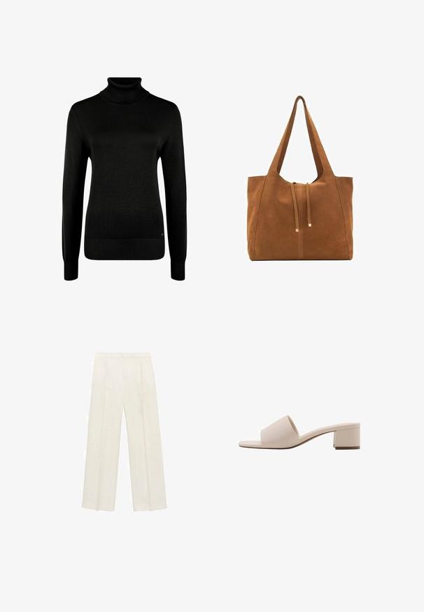 Svart polo-tröja i mjukt stickat material. Har långa ärmar, ribbade manschetter och ribbat nederkant. En enkel, klassisk design.; Breda byxor i en ljus krämfärg. Tillverkade av ett mjukt tyg med veck fram och sidofickor.; Beige klacksandaler med bred rem och öppen tå. Slätt material och elegant design. Kort, stadig klack för stabilitet.; Brun mockaläders toteväska med två långa remmar, dragsko-stängning och minimalistisk design. Slät textur och inga synliga metallaccenter.