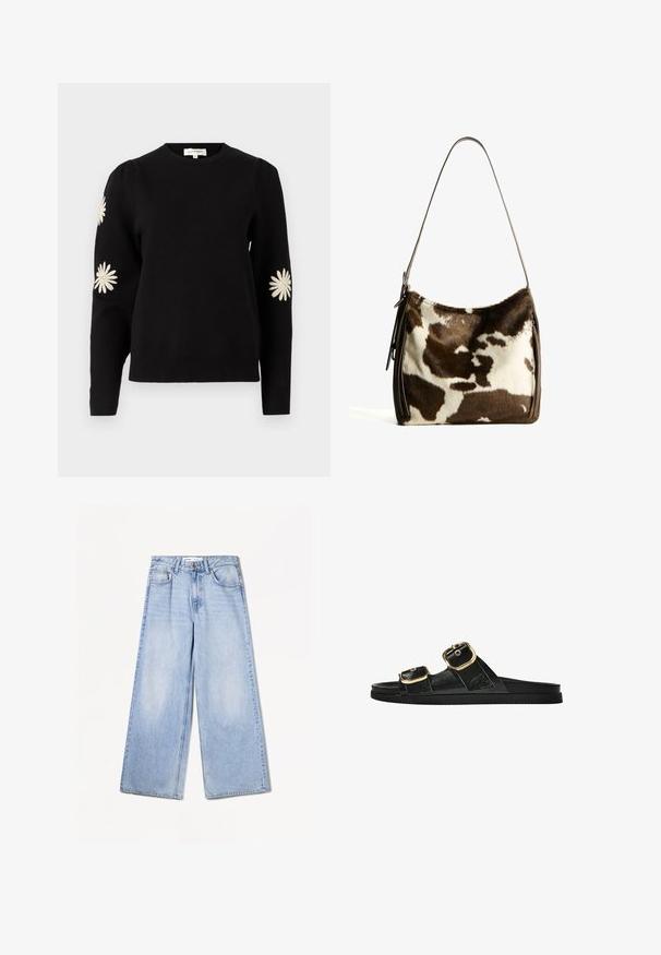 Schwarzer Pullover mit Rundhalsausschnitt, langen Ärmeln und gestickten weißen Gänseblümchen-Mustern auf den Ärmeln. Weicher, strukturierten Stoff.; Bershka WIDE-LEG - Wide Leg - light-blue denim; Schwarze Riemensandale mit zwei goldenen Schnallendetails, glattem Material, flachem Sohlen und minimalistischer Gestaltung.; Braune und cremefarbene Kuhhaut-Umhängetasche mit einem glatten Ledertrageriemen, Reißverschluss und einer weichen, strukturierten Oberfläche mit einem natürlichen Muster.