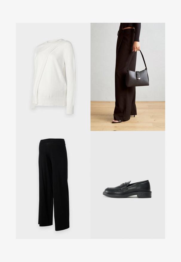 Bela dolga rokavična majica s krožnim izrezom, ki ima diagonalno zloženo zasnovo spredaj ter rebraste manšete in spodnji rob. Mehka tkanina.; Črne široke hlače z elastičnim pasom in gladko, raztegljivo teksturo. Imajo preprost dizajn, brez vzorcev ali okraskov.; Črne usnjene loafer čevlje z zaobljenim nosom, šivanim detajlom in majhnim peto. Gladka tekstura in fleksibilen gumijast podplat.; Črna torbica z strukturirano obliko, gladko teksturo in kovinskim zaponko. Ujemajo se z širokimi črnimi hlačami in odprtimi sandali na lesenem tleh.