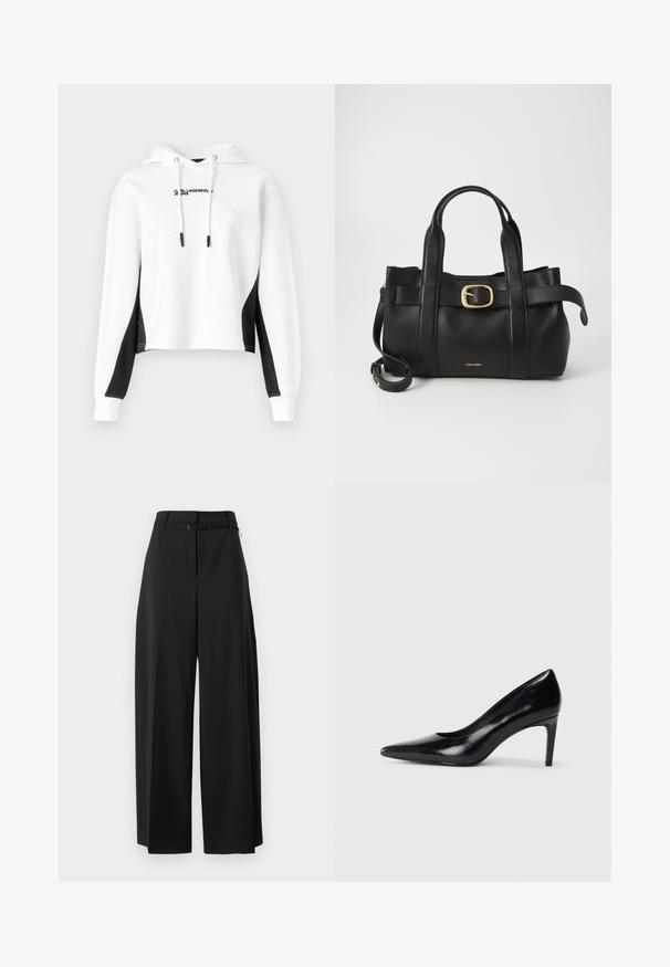Weißer, kurzer Hoodie mit schwarzen seitlichen Akzenten, ausgestattet mit einer Kapuze mit Kordelzug und einem gestickten Logo auf der Brust. Aus Baumwollmischung hergestellt.; Schwarze weite Hose mit hohem Bund und Gurt. Sie hat eine glatte Textur und klare Linien und ist für eine lockere Passform konzipiert.; Schwarzer Lederhochschuh mit spitzem Zehenbereich, glatter Textur und schmalem Absatz. Minimalistisches Design, keine zusätzlichen Verzierungen.; Schwarze Lederhandtasche mit strukturiertem Design, doppelten oberen Griffen, goldfarbenem Schnallenakzent und geprägtem Markenlogo auf der Vorderseite.