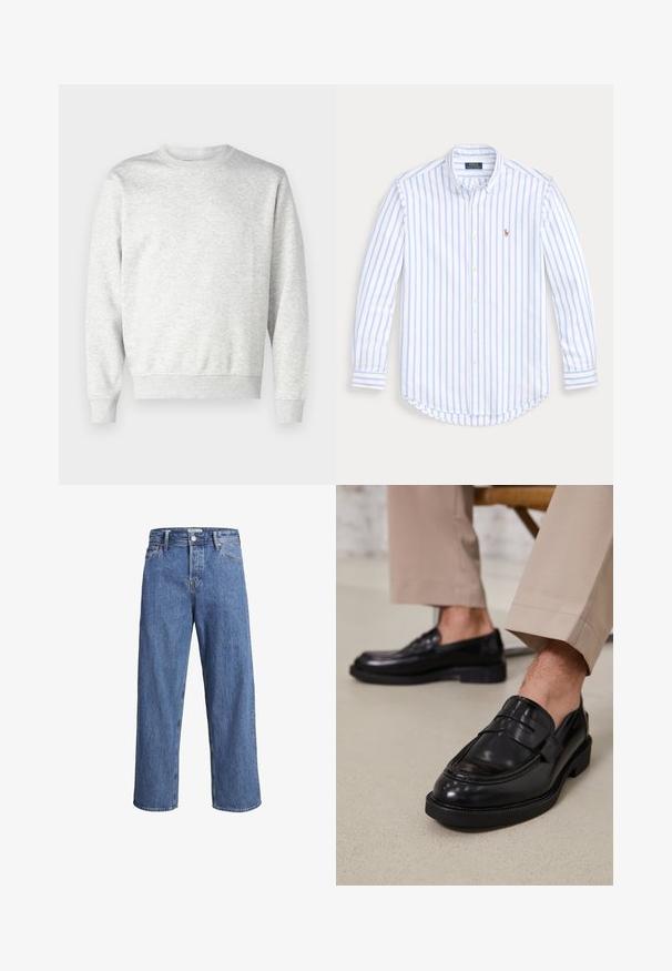 Felpa grigia realizzata in tessuto morbido. Presenta un collo rotondo, maniche lunghe, polsini a costine e orlo a costine. Design semplice e privo di decorazioni.; Camicia a maniche lunghe azzurro chiaro e bianca a righe, realizzata in cotone, con orlo curvo e un piccolo logo ricamato sul petto.; Jeans in denim blu chiaro con una vestibilità dritta, vita alta e dettagli di cucitura minimi. Il tessuto ha una texture morbida e leggermente sbiadita.; Mocassini in pelle nera con finitura liscia, dotati di una cintura decorativa e cuciture a contrasto, abbinati a pantaloni beige.