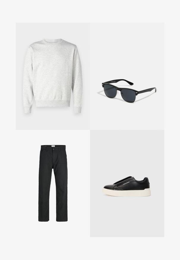 Gray sweatshirt made of soft fabric. Features a crew neck, long sleeves, ribbed cuffs, and a ribbed hem. Simple, unembellished design.; Black pants made of durable fabric, featuring a straight-leg design, stitched accents, and two front pockets for functionality.; Black slip-on sneaker with textured leather upper, white rubber sole, and no visible laces. Features brand logo on the side.; Black sunglasses with a rectangular shape, dark lenses, silver accents at the temples, and a matte finish on the frame.