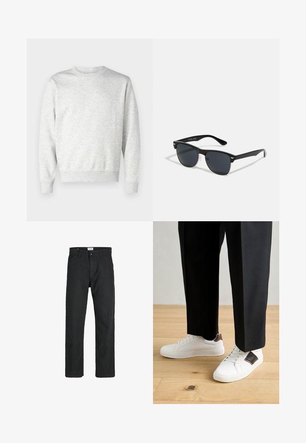 Siv sweatshirt iz mehkega materiala. Ima okroglo ovratnik, dolge rokave, rebraste manšete in rebrast rob. Preprost, brez okraskov.; Črne hlače iz trpežnega materiala, s krojem naravnih nog, našitki ter dvema sprednjima žepoma za funkcionalnost.; Beli športni copati z gladko teksturo, okrašeni z rjavimi usnjenimi detajli in črnimi poudarki, v kombinaciji s črnimi krojenimi hlačami. Ozadje iz lesenih tal.; Črne sončne naočare pravokotne oblike, temna leča, srebrni detajli na ušesih in mat površina na okvirju.