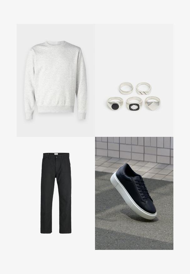 Siv sweatshirt iz mehkega materiala. Ima okroglo ovratnik, dolge rokave, rebraste manšete in rebrast rob. Preprost, brez okraskov.; Črne hlače iz trpežnega materiala, s krojem naravnih nog, našitki ter dvema sprednjima žepoma za funkcionalnost.; Črne usnjene superge z zaobljenim prstom in belim gumijastim podplat. Imajo ravne vezalke in minimalno šivanje na zgornjem delu. Teksturirani podplat za oprijem.; Pet srebrne prstane: eden s črnim krožnim detajlom, eden z belim in črnim geometričnim vzorcem ter ostali z različnimi oblikami in finiši.