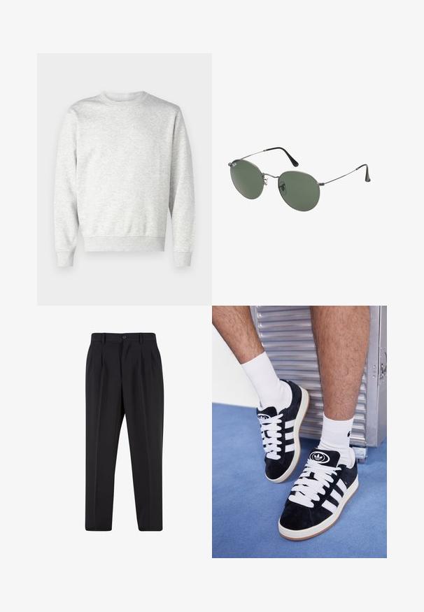 Sudadera gris hecha de una tela suave. Presenta un cuello redondo, mangas largas, puños acanalados y un dobladillo acanalado. Diseño simple y sin adornos.; Pantalones negros con un diseño de frente plisado, hechos de una tela suave. Cuentan con un cierre de botón y pasadores para cinturón; corte recto.; Zapatillas de ante negras con cordones blancos y tres rayas blancas. Presentan un logotipo circular negro en la lengüeta y una suela de goma color caramel.; Gafas de sol con marco de metal y lentes ovalados verdes. Marco delgado de metal plateado y puntas de las orejas negras. Diseño minimalista, sin logotipos visibles.