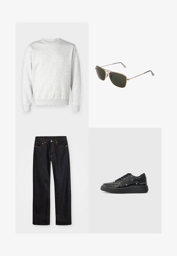 Sudadera gris hecha de una tela suave. Presenta un cuello redondo, mangas largas, puños acanalados y un dobladillo acanalado. Diseño simple y sin adornos.; Jeans de mezclilla negros de pierna recta para hombre, con cinco bolsillos y costuras en color naranja, cierre de botón y cremallera en la parte delantera de la cintura.; Zapatillas de cuero negro con un acabado suave, punta redonda y suela de goma negra de contraste. Presentan cordones planos y un logo en el lateral.; Gafas de sol aviador de metal dorado con grandes lentes verdes oscuros, que cuentan con un marco delgado y almohadillas nasales transparentes para mayor comodidad.