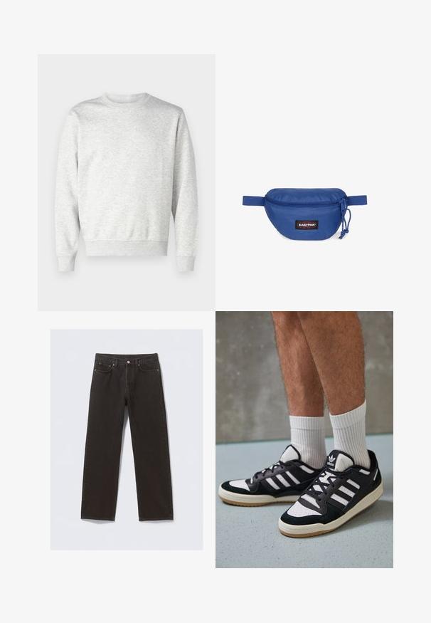 Sudadera gris hecha de una tela suave. Presenta un cuello redondo, mangas largas, puños acanalados y un dobladillo acanalado. Diseño simple y sin adornos.; Vaqueros de mezclilla negra con un diseño de pierna recta, cinco bolsillos y costuras color cobre. Textura suave, cierre de botón clásico en la cintura.; Zapatillas en blanco y negro con parte superior de ante y cuero, que presentan tres franjas blancas, una puntera perforada y una suela de goma.; Eastpak SPRINGER POWR - Riñonera - powr nightsky