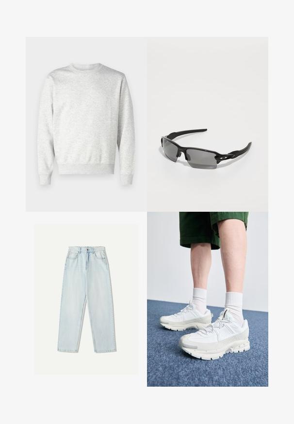 Grijze sweatshirt gemaakt van zachte stof. Heeft een ronde hals, lange mouwen, geribbelde manchetten en een geribbelde zoom. Eenvoudig, onopgesmukt ontwerp.; Lichtblauwe denim jeans met een relaxte pasvorm, recht model, vijf zakken en subtiele vervaging in de stof.; Witte sportieve schoenen met textuuroverlays, een dikke zool en grijze accenten. Draag ze met witte crew-sokken en groene shorts op een blauwe ondergrond.; Zwarte sportzonnebril met grijze lenzen, een gebogen frameontwerp en logo-detail aan de zijkant. Gemaakt van lichtgewicht kunststof materiaal.