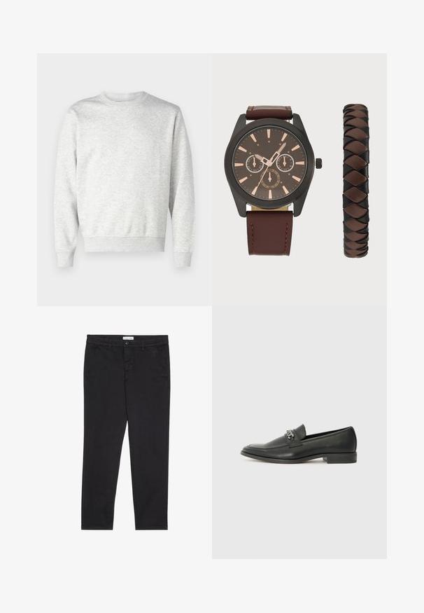 Pilkas džemperis pagamintas iš minkštos medžiagos. Turi apvalią kaklo iškirptę, ilgomis rankovėmis, elastingas rankogalius ir elastingą apdailą. Paprastas, nepuoštas dizainas.; Juodos medvilnės kelnės su siauru pjūviu, turinčios dvi šonines kišenes ir priekinį mygtuko užsegimą. Audinys tekstūruotas su subtiliomis detalėmis.; Juodos odinės loafer tipo bateliai su lygiu paviršiumi, turintys siuvinėtą dizainą ir dekoratyvų metalo grandinėlės akcentą ant batų viršaus. Plokščias kulnas.; Pier One SET - Laikrodis - black/brown