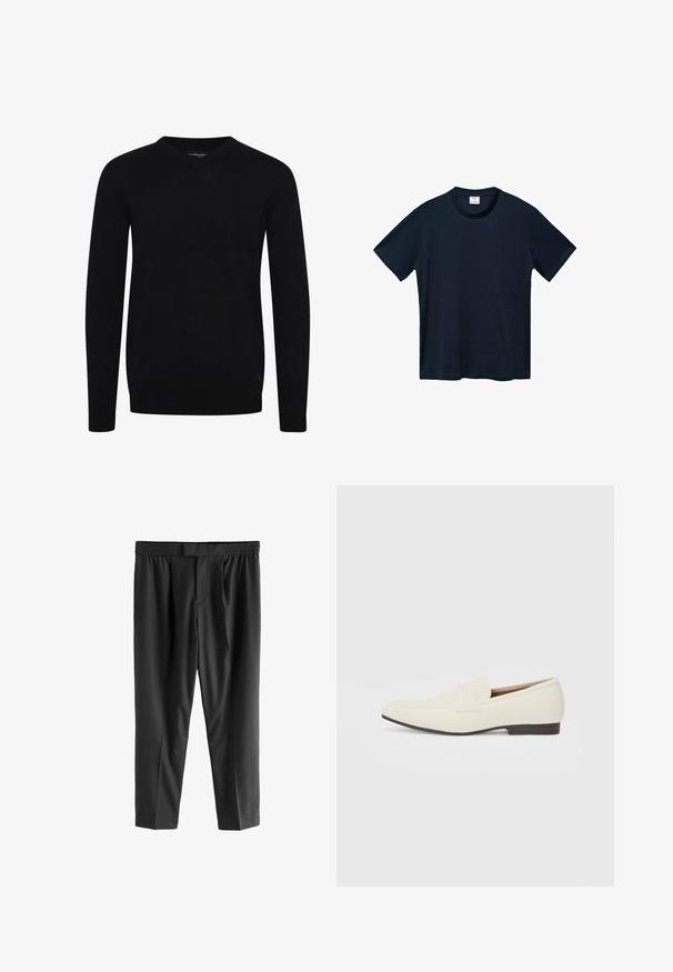 Črni pulover s V-izrezom in dolgimi rokavi, izdelan iz gladkega pletenega materiala. Ima rebrast rob in manšete ter majhno logotipno podrobnost na dnu.; Temno modra majica s kratkimi rokavi, izdelana iz mehkega bombaža, s krožnim izrezom in čistim, ravnim robom brez vidnih vzorcev.; Next REGULAR FIT -CHECK SMART - Hlače chino - black; Svetlo bež balerinke s koničastim nosom, gladkim materialom, pasom čez zgornji del in nizkim rjavim podplatom. Enostaven dizajn z minimalnimi detajli.