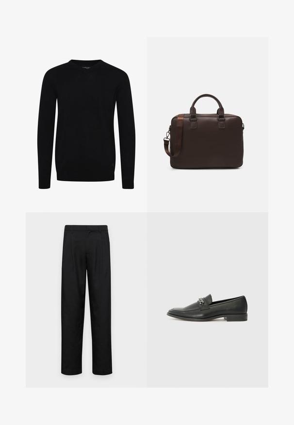 Fekete V nyakú pulóver hosszú ujjakkal, sima kötött anyagból készült. Bordás szegéllyel és mandzsettával rendelkezik, alján pedig egy kis logó részlettel.; Fekete nadrág sima anyagból, egyenes szárú fazonnal, két elülső redővel és közönséges derékkal, övhurkokkal.; Fekete bőr loaferek sima felülettel, varrott mintával és díszítő fém lánccal a cipő elején. Lapos sarok.; Barna bőr laptop táska texturált felülettel, dupla felső fogantyúval, állítható pánttal és két elülső csattal a részletek fokozásáért.