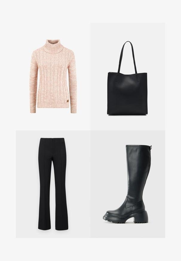 Pletinys megztinis su aukštu kaklu švelnios persikų spalvos, su tekstūruota kabelių raštu, ilgomis rankovėmis ir audiniu ženklu hem.; Juodos plačios kelnės su rausvos tekstūros ir prigludusia juosmens dalimi. Dizainas apima vertikalius siūlus, kad atrodytų elegantiškai. Nėra matomų detalių.; Ilgas juodos odinės batai su masyvi platforma ir stačiakampiu kulnu, turintys traukimo kilpą ir tekstūruotą pado raštą.; Juodas odinis tote krepšys su lygia tekstūra, stačiakampio formos ir dviem ilgais rankenomis. Matomų metalinių detalių ar puošybos nėra.