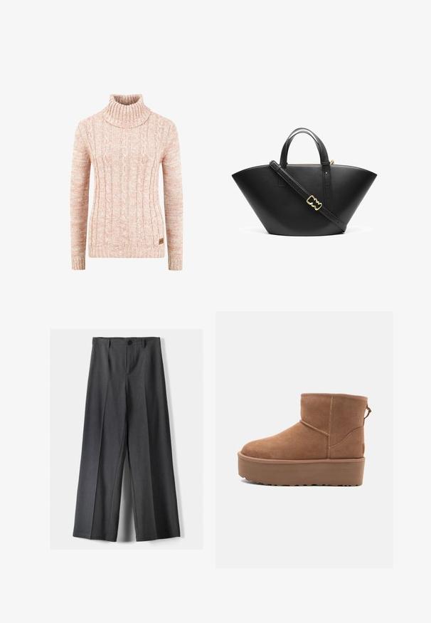 Sweter z wysokim kołnierzem, dziany w miękkim odcieniu brzoskwini, z fakturowanym wzorem w warkocze, długimi rękawami i tkanym metką marki na brzegu.; Spodnie o szerokich nogawkach w ciemnoszarym kolorze, z zapięciem na guzik, plisami z przodu i szlufkami na pasek. Gładka faktura z dopasowanym krojem.; Beżowe zamszowe botki za kostkę z platformą, zaokrąglonym noskiem i akcentami w postaci przeszyć; posiadają pętelkę z tyłu dla ułatwienia zakładania.; Czarna skórzana torba tote o szerokim, kanciastym kształcie. Posiada podwójne uchwyty górne oraz regulowany pasek na ramię z akcentem złotego koloru.