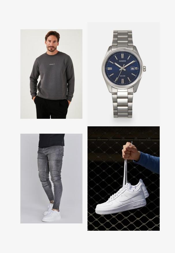 Hallhymne hall, mis on valmistatud pehmest materjalist, omab ümmargust kaelust ja tikkimist logo rinnal. Pikad varrukad ja lõdva istuvusega disain.; Kitsad teksad tuhmhall denimil, millel on kulunud detailid põlvedes, koos valgete tossudega. Sile tekstuur, kitsas lõige.; Valged nahast tennisetossud, millel on perforatsioonid, ümar nina, lame tallus ja paksud nöörid, nähtava swooshi logoga ja "AIR" kontsadel.; Hõbedane roostevabast terasest käekell, tumesinise lõpliku, metallsete tuntud numbrite ja kuupäevanäidikuga kell 3 juures. Veekindel kuni 50 meetrit.