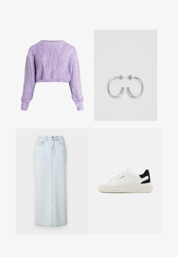 Maglione a maglia a treccia color lavanda, con maniche lunghe, caratterizzato da motivi a traforo e orli a costine, realizzato in morbido filato testurizzato.; Gonna maxi in denim leggero azzurro con design dritto, chiusura frontale a bottoni e cuciture a vista. Presenta due tasche anteriori.; Sneaker bianchi in pelle con suola spessa bianca, accento in suede nero sul tallone e logo impresso sul lato. Design con lacci e sei fori per i lacci.; Orecchini a cerchio in argento con superficie liscia e lucida, caratterizzati da una forma curva e chiusura a perno. Design minimalista con finitura moderna.