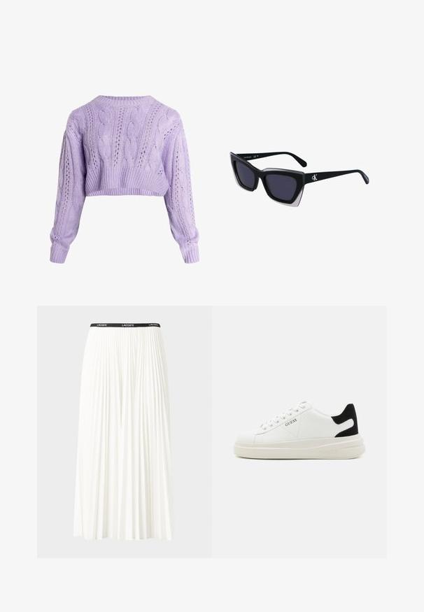 Lühendatud lavendli värvi soonikuga kudum, pikkade varrukatega, avatud mustrite ja soonikservadega, valmistatud pehmest tekstuuriga lõngast.; Kurtitudega valge seelik musta elastse vööga, millel on "LACOSTE" logo. Keskmise pikkusega disain pehme tekstuuriga.; Valged nahast tennisetossud paksu valge tallaga, musta sametist kontsakeeuga ja külje peal riigilogo reljeefne kujundus. Lukkeskeem kuue silmaauguga.; Mustad suured mustad prillid geomeetrilise kujuga, tumedate läätsedega ja kontrastse halli detailiga raamidel. Logo käe peal.