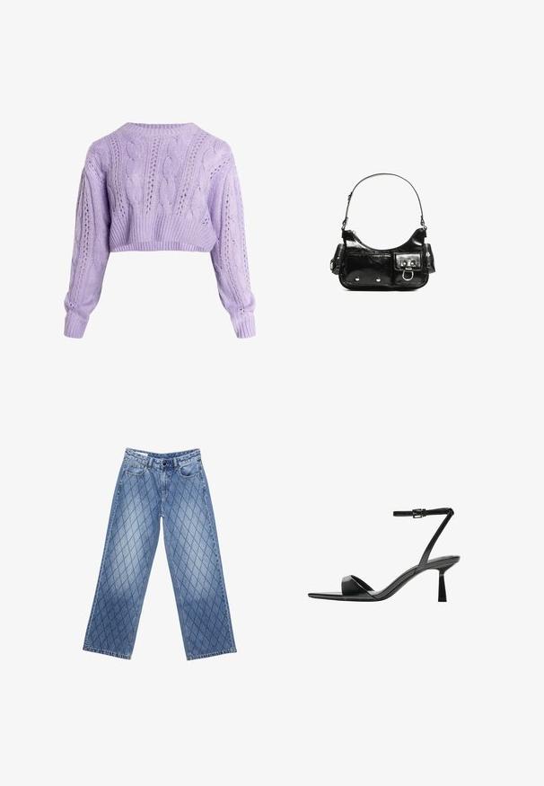 Zkrácený svetr s pleteným vzorem z levandulové příze, dlouhé rukávy, otevřené vzory a žebrované lemy, vyrobený z měkké texturované příze.; Džíny s širokými nohavicemi v světle modré barvě s prošívaným diamantovým vzorem, s pěti kapsami a zapínáním na knoflík v pase.; Bershka Sandály na vysokém podpatku - black; Černá lakovaná kožená kabelka s křivkovým tvarem, jedním ramenním popruhem, předními kapsami a stříbrnými kovovými detaily.