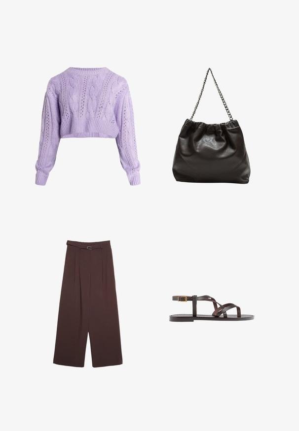 Skrajšan pulover iz lavande z kabelskim vzorcem, dolgimi rokavi, z odprtimi vzorci in rebrastimi robovi, izdelan iz mehkega teksturiranega preje.; Stradivarius WIDE-LEG WITH BUCKLE DETAIL - Hlače - dark brown; Rjav usnjen sandal z načinom prečnega črta, zaklepom okoli gležnja in ravnim podplatom z minimalnimi šivi.; Rjava usnjena torba z nabranim vrhom in verižnim trakom. Gladka tekstura z sijajno površino in subtilnimi šivi na straneh.