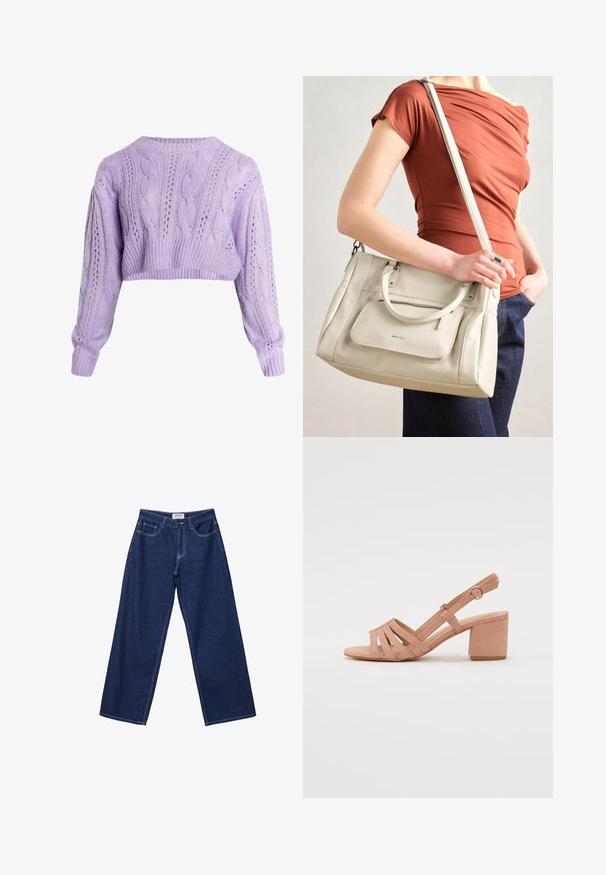 Kurzes Lavendel-Strickpullover mit langen Ärmeln, der offene Muster und gerippte Säume aufweist, aus weichem, strukturiertem Garn gefertigt.; Hellebänder aus dunkelblauem Denim mit Knopfverschluss, fünf Taschen und kontrastierenden weißen Nähten. Der Stoff hat eine glatte, leicht strukturierte Oberfläche.; Rosafarbene Sandale mit Blockabsatz, strappy Design, offener Zehenbereich und verstellbarem Knöchelriemen mit rundem Schnallenakzent.; Weiße Lederhandtasche mit zwei Griffen und einem abnehmbaren Schulterriemen, ausgestattet mit einer vorderen Reißverschlusstasche und glatter Textur. Wird am Arm einer Person getragen.
