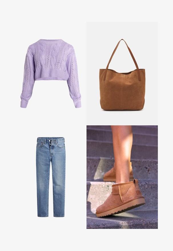 Izgriezta lavandas krāsas adīta džemperis ar garām piedurknēm, kam ir caurumiņu raksti un ribotās maliņas, izgatavots no mīksta teksturēta dzijas.; Gaiši zila džinsu bikses ar taisnu griezumu, piecu kabatu dizainu un poga aizdari. Iespējamas nelielas izbalēšanas un apelsīnu diegu akcenti.; Dzeltenbrūnas zamšādas potīšu zābaciņi ar mīkstu tekstūru, izšūtu apdari un gumijas zoli, kas aprīkoti ar cilpu uz papēža ērtai uzvilkšanai.; Brūns zamša tote somas ar divām garām rokturiem, ar gludu tekstūru, vienkāršu dizainu un bez redzamām aparatūrām vai akcentiem.