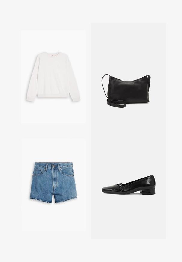 Hanorac alb cu guler rotund, cu mâneci lungi și manșete ribbed. Fabricat dintr-un material moale, are un logo mic pe piept. Design minimalist.; Șorturi din denim de culoare albastră deschisă, cu cinci buzunare, fermoar și închidere cu bătaie. Marginile sunt desfăcute, având un design confortabil.; Balerini din piele lacuită neagră, cu vârf ascuțit, toc pătrat mic și un detaliu metalic pe curea. Textură netedă.; Geantă de umăr din piele neagră, cu o textură netedă, formă curbată, curea ajustabilă și închidere cu fermoar. Design minimalist, fără embellishments.