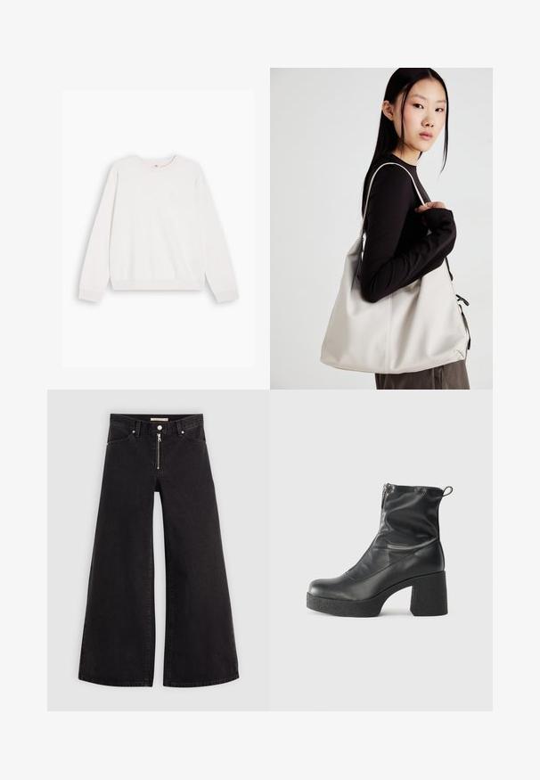 Bela majica s crew izrezom in dolgimi rokavi ter rebrastimi manšeti. Narejena iz mehkega materiala, na prsih ima majhen logotip. Minimalistična zasnova.; Široke traperice iz črnega denima z zadrgo spredaj, petimi žepi in diskretnimi šivi. Gladka tekstura in ležeren slog.; Črne gležnjarje iz gladke kože z božnim zadrgo, masivnim teksturiranim peto in zaobljeno obliko prstov.; Bežna torbica iz mehkega materiala, z ohlapno zasnovo, šivi in dvema naramnicama. Primerna za vsakodnevno uporabo.