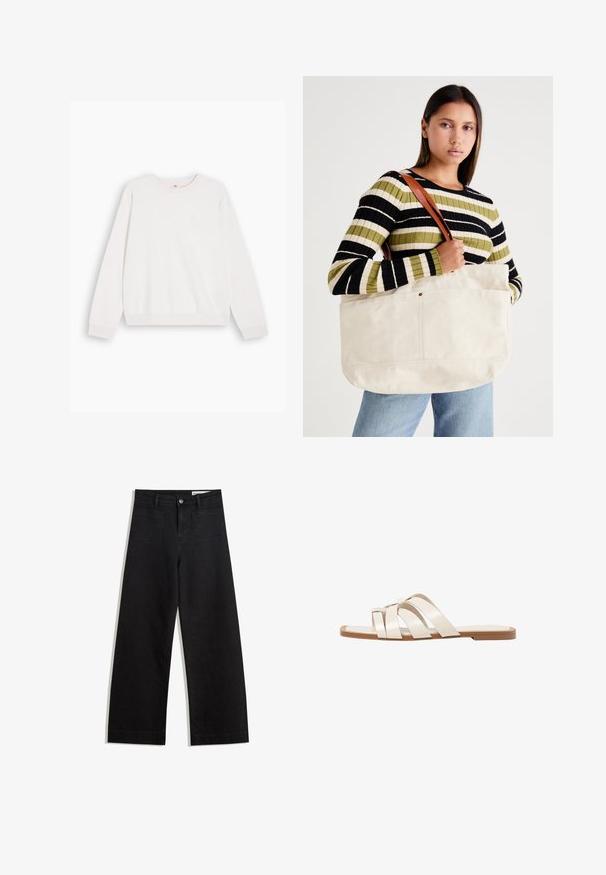 Bijela majica s okruglim izrezom i dugim rukavima, s rebrastim manžetama. Izrađena od mekanog materijala, s malim logotipom na prsima. Minimalistički dizajn.; Crne široke traperice s visokim strukom, s prednjim i stražnjim džepovima, šivenim šavovima i kopčanjem na gumb. Glatka tekstura.; Ravne sandale s smeškom od gume, dizajnirane s tri preklapajuće bele kožne trake i malim detaljem mašne u sredini.; Velika bež platnena torba s tamnosmešnim kožnim trakama, koja se ističe minimalističkim dizajnom i vidljivim šavovima.