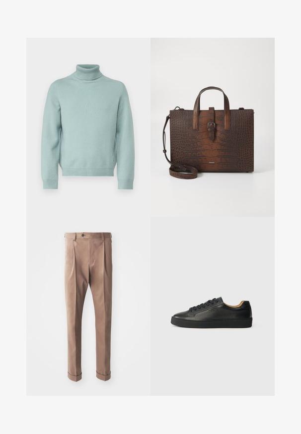 Paul & Joe UANAMOUR - Pulover - vert deau; Khačnaste hlače iz teksturirane tkanine, z visokim pasom, naborki in zavitki na robovih, ter z enim gumbom za zapiranje v predelu pasu.; Črne nizke usnjene superge z teksturirano površino, črnimi vezalkami in debelim gumijastim podplatom, prikazane s strani na svetli podlagi.; Brašna iz rjave krokodilne usnjene embalaže s zgornjimi ročaji in odstranljivim ramenskim trakom. Ima zapiranje z zaponko in pravokotno obliko.