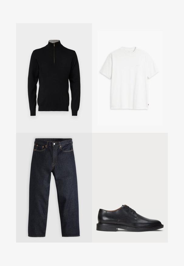 Davida Cashmere MAN HALF ZIP - Džemperis - black; Balta kokvilnas T-krekls ar īsām piedurknēm, apaļu kakla izgriezumu un maigi redzamu Levi's logotipu centrā. Mīksta tekstūra un standarta piegriezums.; Tumši zili džinsi ar taisnu piegriezumu, piecām kabatām, kontrastējošiem apelsīnu diegiem un ar pogu aizdari. Nav redzamu rakstu vai rotājumu.; Melnas ādas kleitu kurpes ar apaļu purngalu, auklu dizainu un zemu sakrautu papēdi. Gluda virsma ar minimālām šuvju detaļām.