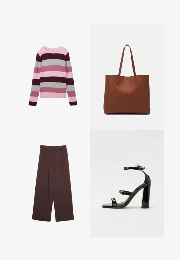 Gestreifter Pullover aus weichem Material, in verschiedenen Schattierungen von Pink, Burgunder und Grau. Rundhalsausschnitt mit langen Ärmeln, lockere Passform.; Stradivarius WIDE-LEG WITH BUCKLE DETAIL - Stoffhose - dark brown; Schwarze patentierte Sandalen mit Absatz, quadratischer Spitze, Knöchelriemen und silbernen Schnallen. Mit einem stabilen Blockabsatz für mehr Stabilität.; Braune Leder-Tote mit glatter Textur, offenem Oberteil und zwei Schulterriemen. Verfügt über minimale Nähte und keine sichtbaren Beschläge.