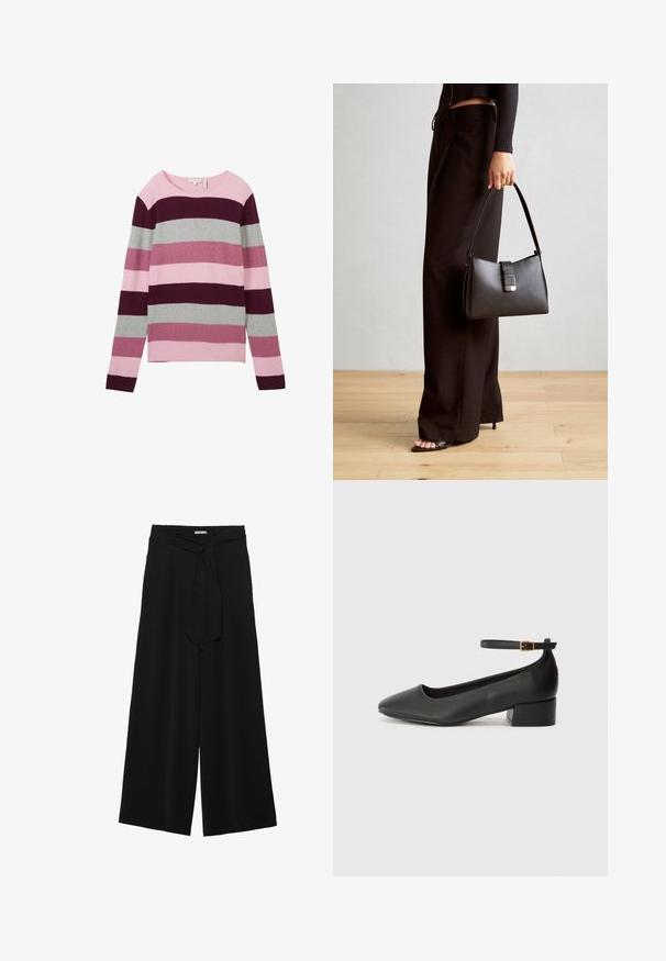 Pullover a righe realizzato in un tessuto morbido, caratterizzato da diverse sfumature di rosa, bordeaux e grigio. Collo rotondo con maniche lunghe, vestibilità ampia.; Pantaloni neri a gamba larga caratterizzati da un tessuto testurizzato, una vita elastica e una cintura staccabile per una vestibilità regolabile.; Pump in pelle nera con punta affusolata e tacco basso a blocco. Presenta una cinghia alla caviglia con una fibbia in tonalità oro. Texture liscia.; Borsa nera con forma strutturata, texture liscia e una chiusura metallica. Abbinata a pantaloni neri larghi e sandali open-toe su un pavimento in legno.