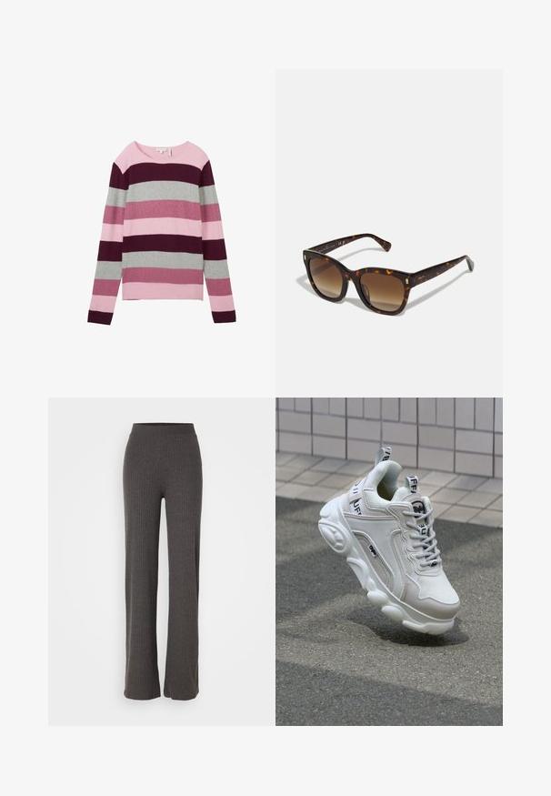 Striped pullover made of soft fabric, featuring varying shades of pink, burgundy, and gray. Crew neck with long sleeves, boxy fit.; Gray ribbed knit pants with a wide leg and an elastic waistband. The fabric has a textured appearance, offering a relaxed fit.; White sneaker with mesh and leather materials, rounded toe, thick sole, prominent laces, and branding on the heel and tongue.; Tortoiseshell square sunglasses with gradient brown lenses, featuring gold accents on temples and a thick, glossy frame.