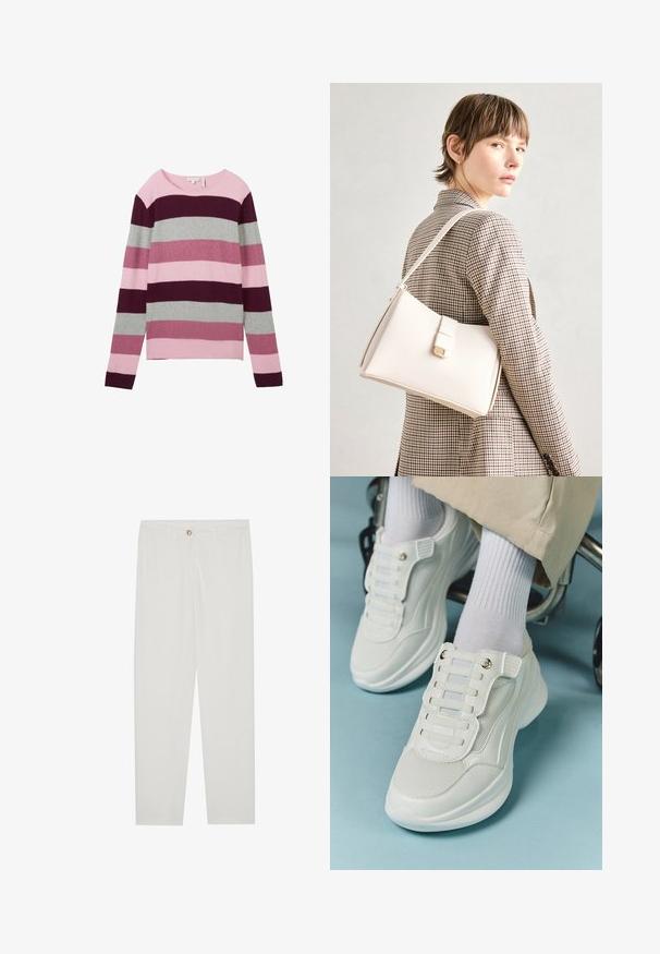 Striped pullover made of soft fabric, featuring varying shades of pink, burgundy, and gray. Crew neck with long sleeves, boxy fit.; White, tailored trousers with a straight leg design, featuring a button closure, belt loops, and side pockets; smooth fabric texture.; White sneakers featuring a mesh material, rubber sole, lace-free design with elastic bands, and gold-toned accents.; White leather handbag with a structured design, featuring a magnetic clasp and a shoulder strap, showcased against a neutral background.