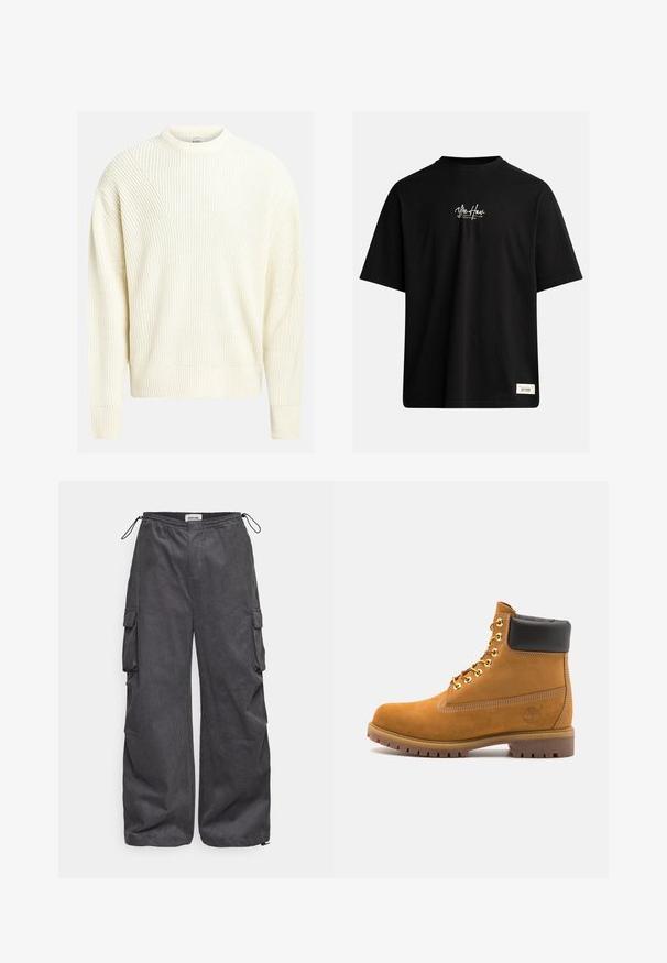Pull en tricot crème clair avec une texture côtelée, un col rond et des épaules tombantes ; il présente une coupe décontractée et une couleur unie.; T-shirt noir à manches courtes en coton. Présente un petit logo blanc sur la poitrine et une étiquette rectangulaire en bas à droite.; Pantalons cargo gris en tissu texturé, avec une taille élastique, un cordon de serrage et des poches latérales. Coupe ample avec des jambes larges.; Bottine en daim beige avec un col rembourré noir, œillets en métal doré, détails de surpiqûres blanches et semelle en caoutchouc robuste avec des crampons prononcés.