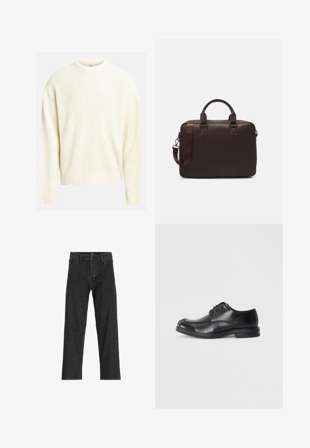 Helle cremefarbene Strickjacke mit gerippter Textur, Rundhalsausschnitt und lässig fallenden Schultern; bietet eine entspannte Passform und eine einheitliche Farbe.; Schwarze Jeans aus Denim mit geradem Bein, ausgestattet mit einem Reißverschluss, Gürtelschlaufen und sechs Taschen, gefertigt aus einem robusten Baumwollmischgewebe.; Schwarze Leder Schnürschuhe mit runder Zehenpartie, glatter Textur und niedrigem Absatz. Mit steppenden Details entlang der Oberseite und der Seiten.; Braune Leder-Laptoptasche mit strukturierter Oberfläche, doppelten Obergriffen, verstellbarem Gurt und zwei vorderen Schnallen für zusätzlichen Detailreichtum.