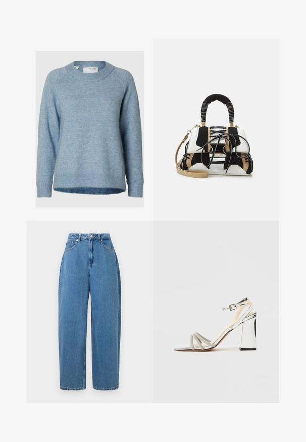 Pulover albastru deschis, fabricat dintr-un material tricotat moale. Dispune de un gât rotund, mâneci lungi și tivuri și mansete ribici. Design simplu, fără motive.; Pantaloni din denim de culoare bleu deschis, cu croială dreaptă, talie înaltă și închidere prin nasture frontal. Au cinci buzunare și detalii din cusături minime.; Sandalie argintii cu toc bloc, trei benzi cu pietre strălucitoare peste degete și o curea pentru gleznă ajustabilă cu cataramă.; Geantă multicolor cu plasă neagră, albă și bej. Dispune de o mânere texturate, design cu șireturi și curea de umăr detașabilă.