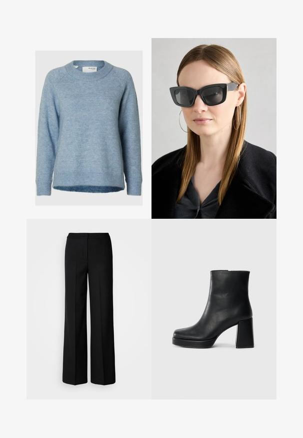 Ljusblå tröja gjord av mjukt stickat material. Har rundad hals, långa ärmar samt ribbade muddar och fåll. Enkel design utan mönster.; Svarta vida byxor med ett mjukt tyg, med hög midja, skräddarsydda sömmar och en minimalistisk design. Inga synliga detaljer eller fickor.; Svart läderankelboot med blockklack och platåsula, sedd från sidan på en enkel vit bakgrund.; Svarta katterformade solglasögon med mörka linser, tjocka bågar och subtila detaljer. Bärs tillsammans med en svart kappa och en grå topp, med långt rakt hår.
