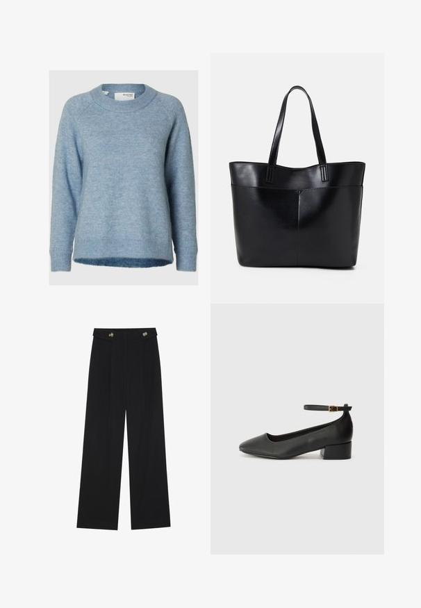 Šviesiai mėlynas megztinis, pagamintas iš švelnios mezginio medžiagos. Turi apvalų kaklą, ilgomis rankovėmis ir skeltukus bei apykaklę. Paprastas dizainas be raštų.; Juodi plačios kojos kelnės su aukštu liemeniu, sagų detalėmis ant liemens ir priekinėmis raukšlėmis.; Juodas odinis aukštakulnis batelis su smailiu pirštu ir žemu bloku. Su kulkšnies dirželiu su auksinės spalvos sagtimi. Lygus paviršius.; Juoda odinė rankinė su dviem ilgais diržais, lygiu paviršiumi ir struktūrizuota forma. Yra priekinė kišenė papildomam saugojimui.