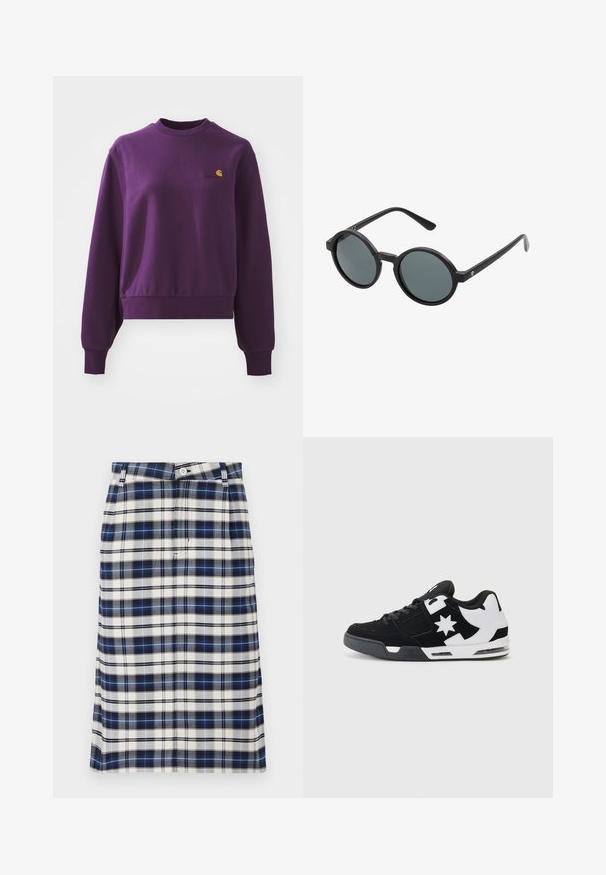 Paarse sweatshirt van katoen, met een ronde hals en geribbelde manchetten. Het heeft een klein geel logo op de borst. Verkorte pasvorm.; Geruite rok in marineblauw, wit en grijs. Heeft een rechte snit, knoopsluiting en een subtiele textuur met een ruitpatroon.; Zwarte en witte sneaker van suede en mesh materiaal. Voorzien van een prominent sterrenlogo en gedurfde accenten op de zijkant, met een gevoerde zool.; Ronde zonnebril met een zwart plastic montuur en donkergrijze lenzen. Heeft dunne, rechte pootjes met minimalistische accenten.