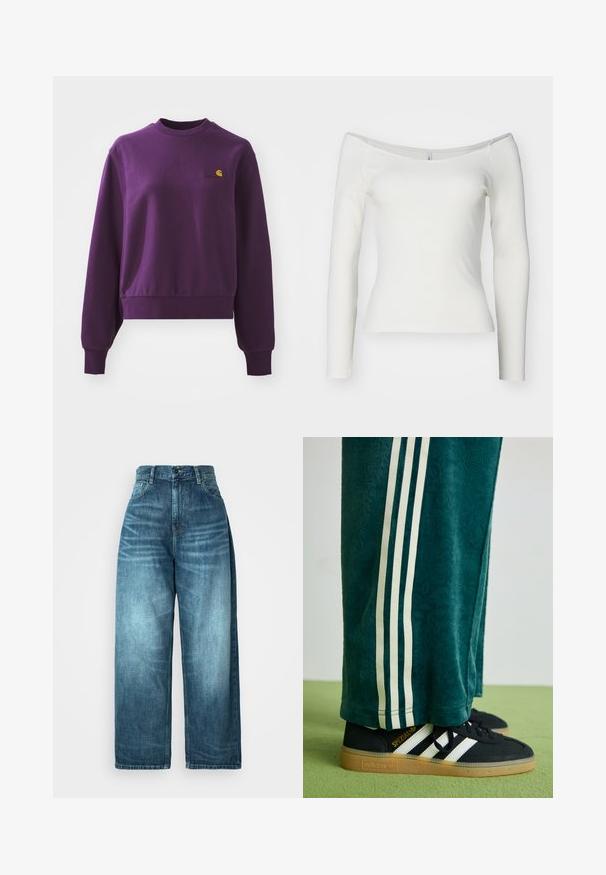 Purple sweatshirt made of cotton, featuring a round neck and ribbed cuffs. It has a small yellow logo on the chest. Cropped design.; White off-the-shoulder long-sleeve top made from ribbed material. Fitted design with a smooth texture and straight hemline.; High-waisted wide-leg jeans in medium blue denim, featuring a faded wash, traditional pocket design, and a button front closure.; Green textured pants with white side stripes, paired with black Adidas sneakers featuring three white stripes and a gum sole.