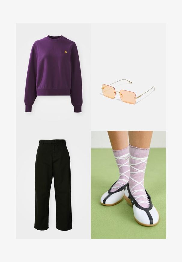 Violets krekls no kokvilnas, ar apaļu kakla izgriezumu un ribotām piedurknēm. Tam ir mazs dzeltenais logo uz krūtīm. Īsākā dizainā.; Melni, plata kāju bikses, izgatavotas no izturīga kokvilnas auduma. Aprīkotas ar pogu aizdari un sānu kabatām. Gluda tekstūra un pielāgots apdare.; Baltas plakans kurpes ar melniem akcentiem un zoli, saskaņoti ar gaiši violetām ribotām zeķēm ar baltām krustveida siksnām. Iestatīts zaļā fona.; Zelta metāla rāmja saulesbrilles ar taisnstūrveida oranžajiem stikliem. Izsmalcināti plāni stari un diskretās tekstūras akcenti tuvu pie eņģēm.; Zelta krāsas auskari gredzena formā, plāni un apaļi, ar gludu metāla apdari un bez rotājumiem vai zīmējumiem.