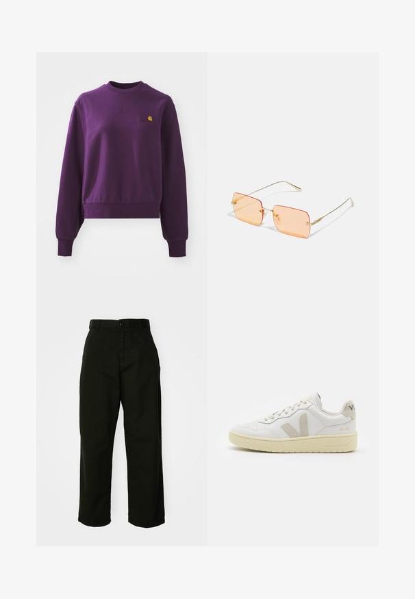 Violetinis medvilnės džemperis, su apvalia iškirpte ir gumuotais rankogaliais. Krūtinėje yra mažas geltonas logotipas. Sukurtas trumpu dizainu.; Juodos, plačios kelnės, pagamintos iš tvirtos medvilnės. Su sagų užtrauktuku ir šoninėmis kišenėmis. Lygi tekstūra ir pritaikytas įbaigtumas.; Balti odiniai sportbačiai su kreminiais zomšos akcentais, perforuota pirštų dalimi, plokščiomis raišteliais ir struktūruota kreminėmis padomis. Ant kulno yra subtilus ženklinimas.; Auksiniai metaliniai akinių rėmeliai su stačiakampiais oranžiniais lęšiais. Išskirtinai plonos šakos ir subtilūs tekstūriniai akcentai šalia vyrių.; Aukso spalvos žiedo auskarai, ploni ir apvalūs, su lygiu metaliniu paviršiumi be papuošimų ar raštų.