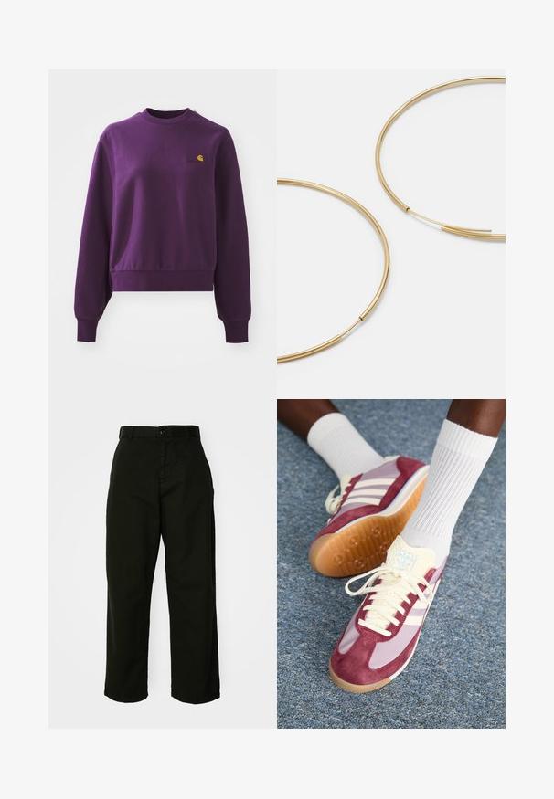 Fialová mikina vyrobená z bavlny, s kulatým výstřihem a ribbovanými manžetami. Má malé žluté logo na hrudi. Zkrácený střih.; Černé kalhoty s širokými nohavicemi vyrobené z odolné bavlny. Obsahují zapínání na knoflík a postranní kapsy. Hladká textilie a precizní provedení.; Tenisky s designem v tmavě vínové semišové barvě a světle fialovém odstínu, se třemi bílými pruhy, krémovými tkaničkami a texturovaným žlutým jazykem. Gumová podrážka.; Zlaté kruhové náušnice, tenké a kulaté, s hladkým kovovým povrchem a bez zdobení či vzorů.