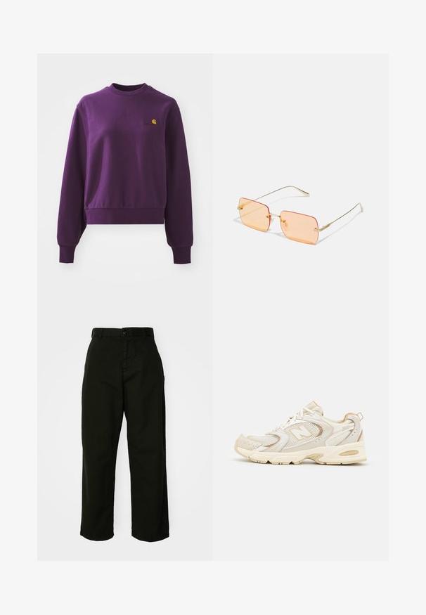 Ljubičasti dukserica od pamuka, s okruglim izrezom i rebrastim rukavima. Ima mali žuti logo na grudima. Skraćeni dizajn.; Crne hlače širokih nogavica izrađene od izdržljive pamučne tkanine. Sadrže zatvaranje na gumb i bočne džepove. Glatka tekstura i krojena završna obrada.; Bež sportske cipele s mrežastim i sintetičkim prekrivačima, sa teksturiranom površinom, ojačanim okovratnikom i "ABZORB" jastučićem na peti.; Naočale s okvirom od zlatnog metala s pravokornim lećama narančaste nijanse. Odlikuju se tankim krakovima i suptilnim teksturiranim detaljima u blizini šarki.; Zlatne kružne naušnice, tanke i okrugle, s glatkom metalnom površinom bez ukrasa ili uzoraka.